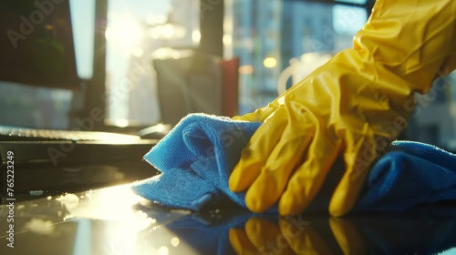 Close-up of hands in yellow gloves wiping a glossy surface. Rubber gloves and blue cloth used for polishing a black tabletop. Meticulous cleaning of a sleek surface with protective gloves.