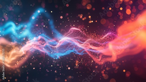 Abstract colorful light waves with bokeh particles. Multicolored energy flow and sparkle background. Dynamic wave pattern of lights and particles in motion.