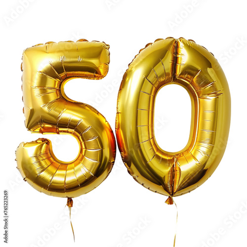 Number 50 fifty made of golden inflatable balloons. isolated on transparent background. photo