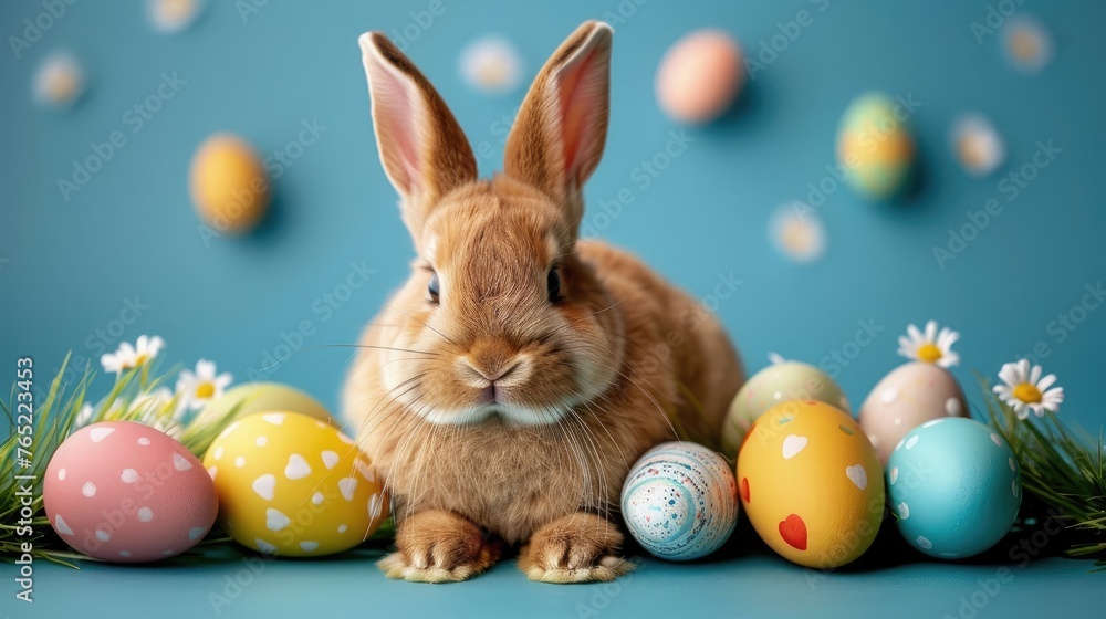 Brown rabbit with pastel Easter eggs Brown rabbit with pastel Easter eggs