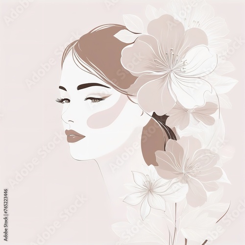 Abstract female face in one line. Woman face with flowers Surreal Line art female floral girl. Minimalism Abstract modern Continuous single line woman face portrait 