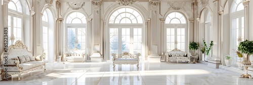 luxury royal posh interior in baroque style. very bright, light and white hall with expensive oldstyle furniture. large windows and stucco ornament decorations on the walls photo
