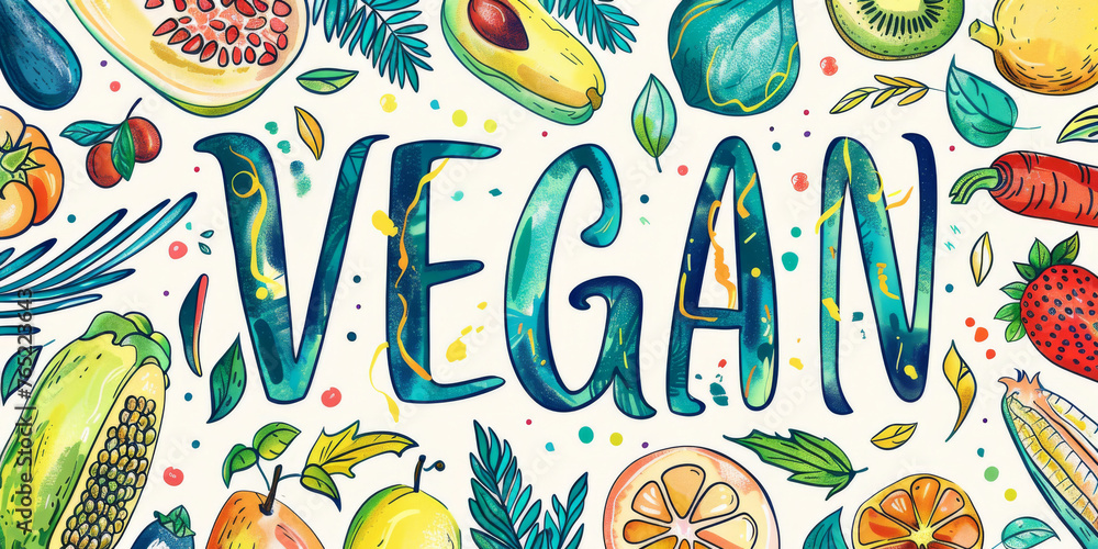 Vibrant vegan lifestyle illustration with fresh produce. Colorful vegan word art surrounded by fruits and vegetables. Artistic representation of veganism with healthy food items. Vibrant vegan lifestyle illustration with fresh produce. Colorful vegan word art surrounded by fruits and vegetables. Artistic representation of veganism with healthy food items.