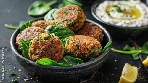 Falafel croquettes served with fresh spinach  yogurt sauce  hummus in a bowl and sliced lemon. Vegetarian spinach patties served in a rustic bowl.
