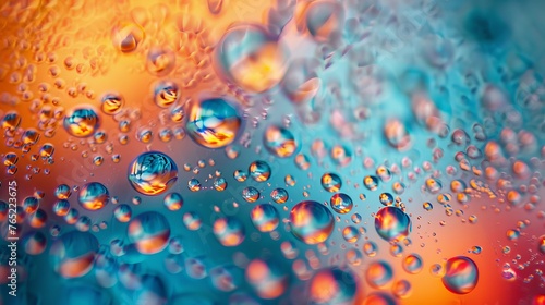 Close-up of water droplets on a warm-to-cool gradient surface. Vivid orange and blue gradient behind clear water beads. Textured backdrop of water droplets with contrasting color gradient.