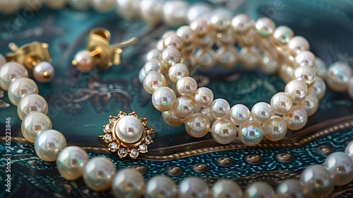 Ring, earrings, and necklace with pearls, high angle view