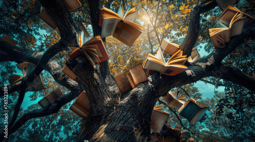 Tree of Wisdom: Photograph a majestic tree with branches reaching towards the sky, each adorned with open books instead of leaves. Generative AI photo