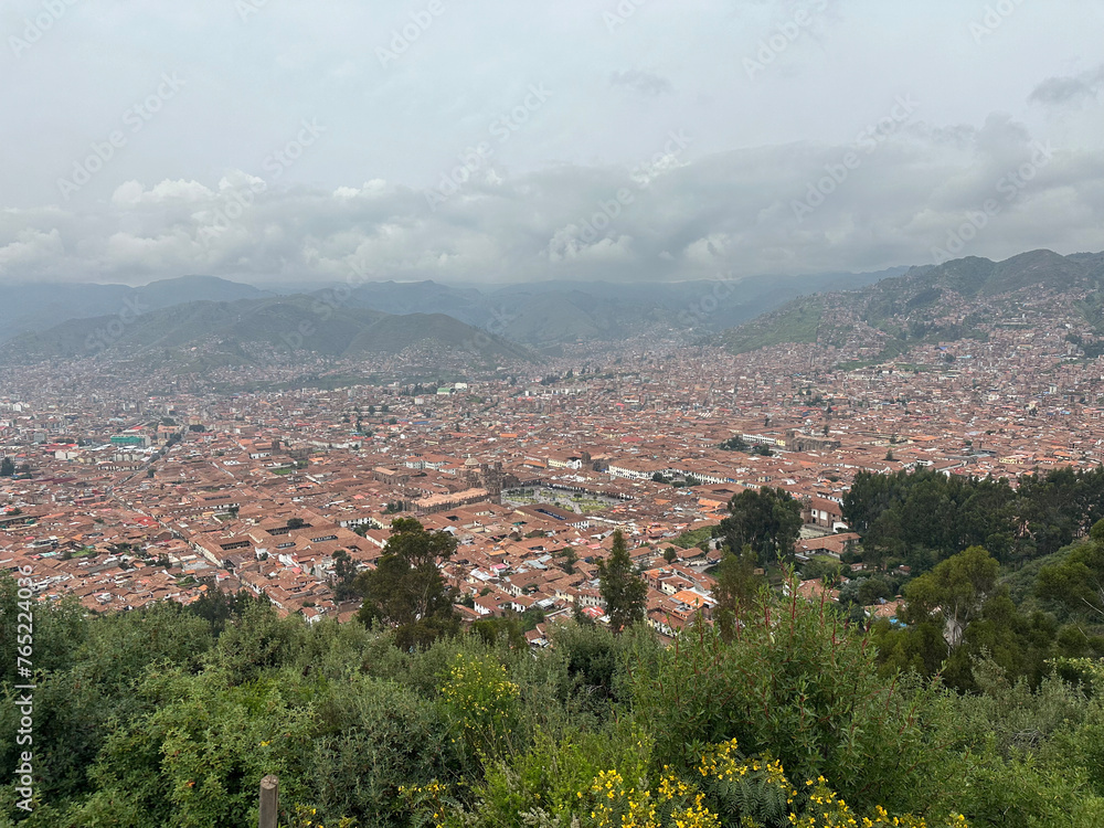 Aerial drone view of Cusco Cuzco Inca city in Peru