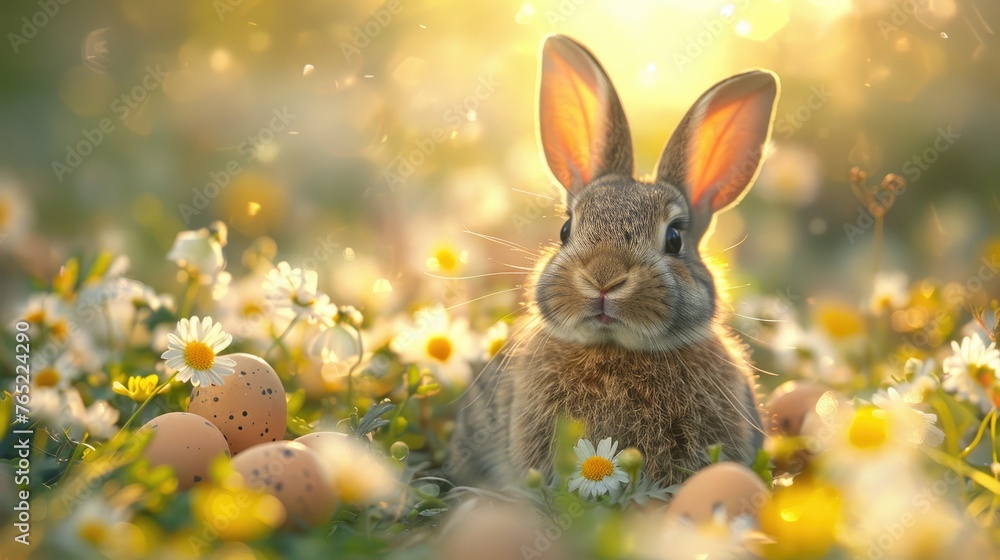 Cute rabbit surrounded by Easter eggs and flowers Cute rabbit surrounded by Easter eggs and flowers