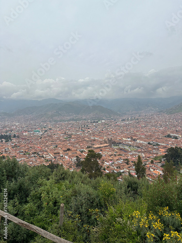 Aerial drone view of Cusco Cuzco Inca city in Peru