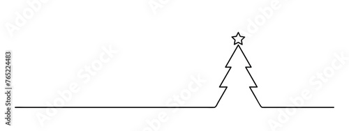 christmas tree one line art, new year lineart, black line vector illustration, editable stroke, horizontal design element
