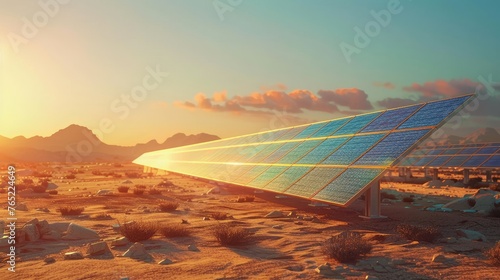 Solar power plant in the desert with rows of panels harnessing renewable energy, solid color background, 4k, ultra hd