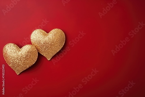 Two glittering golden hearts positioned side by side on a vibrant red background symbolizing love and affection. Sparkling Golden Hearts on Red Background