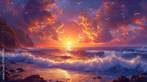 it is a painting of a sunset over the ocean