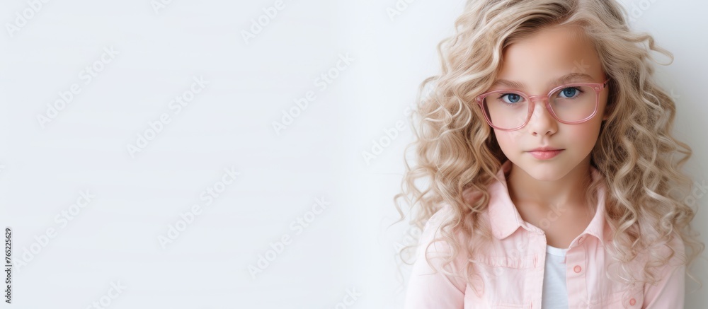 Capture a close-up of a young girl wearing glasses striking a pose for a photo Capture a close-up of a young girl wearing glasses striking a pose for a photo