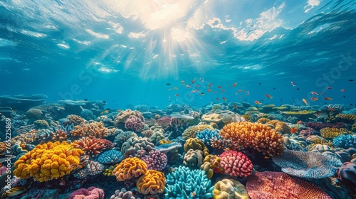 Sunlight illuminates water, coral reef teeming with marine invertebrates © yuchen