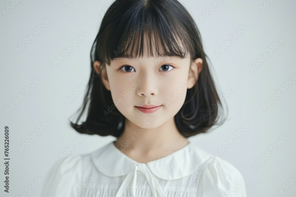 A young girl with short hair and a white shirt is smiling A young girl with short hair and a white shirt is smiling
