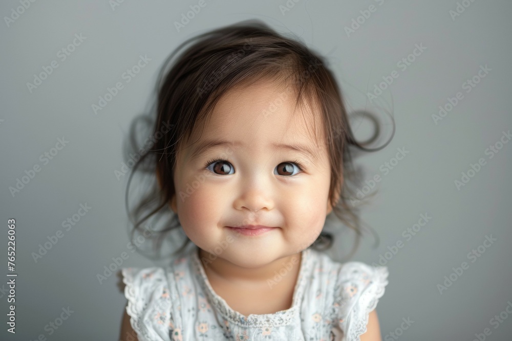 A young girl with brown hair and a white dress is smiling at the camera A young girl with brown hair and a white dress is smiling at the camera