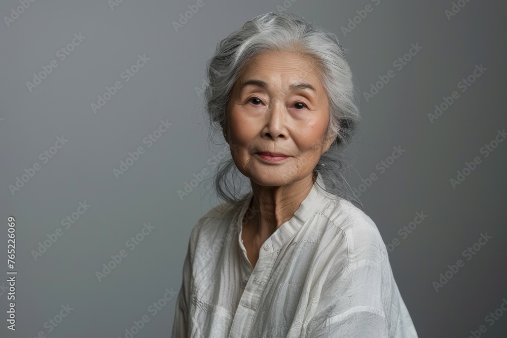 A woman with gray hair and a white shirt is smiling