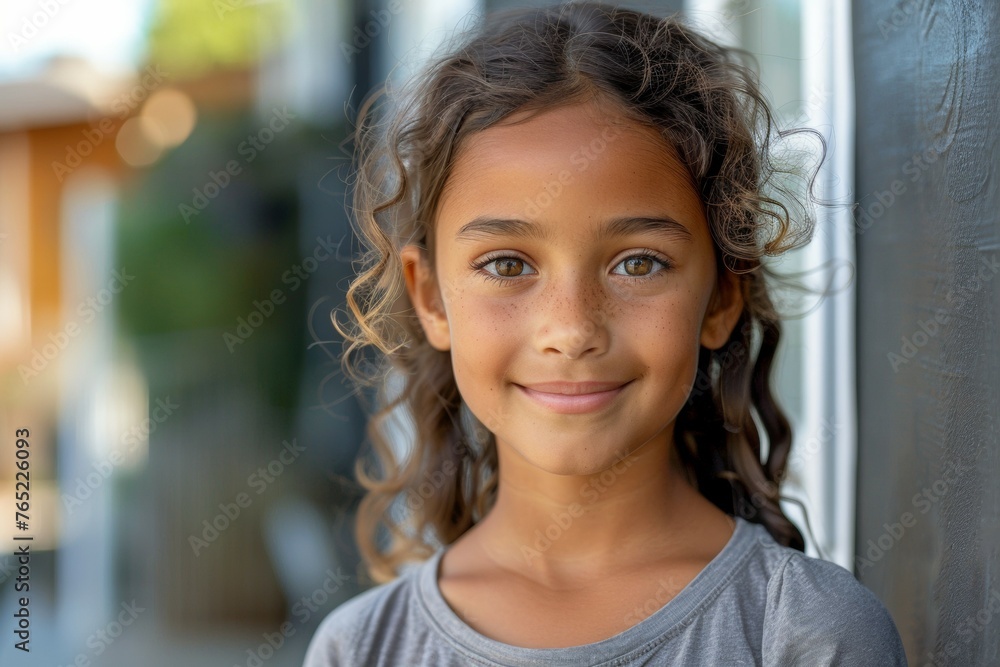 A young girl with brown hair and a smile on her face