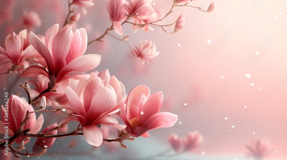 Magnolia blossom flowers close up. Spring time, floral background with copy space. 