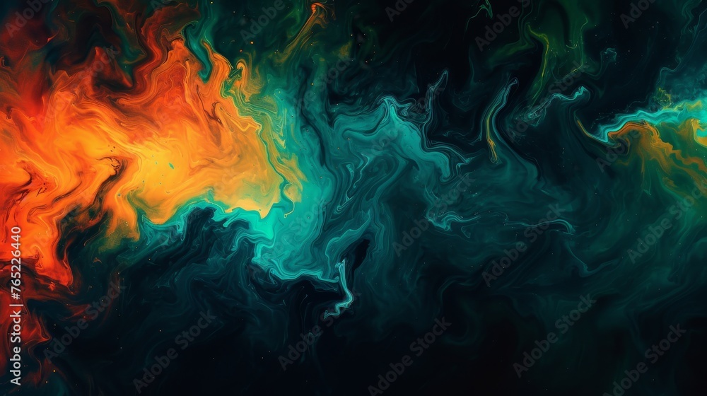 Fluid abstract art presenting a mesmerizing interplay of colors, with waves of orange and turquoise creating a visually striking effect