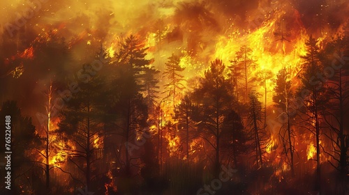 Raging forest fire  dangerous wildfire disaster illustration. Dramatic burning trees  digital painting  nature emergency concept