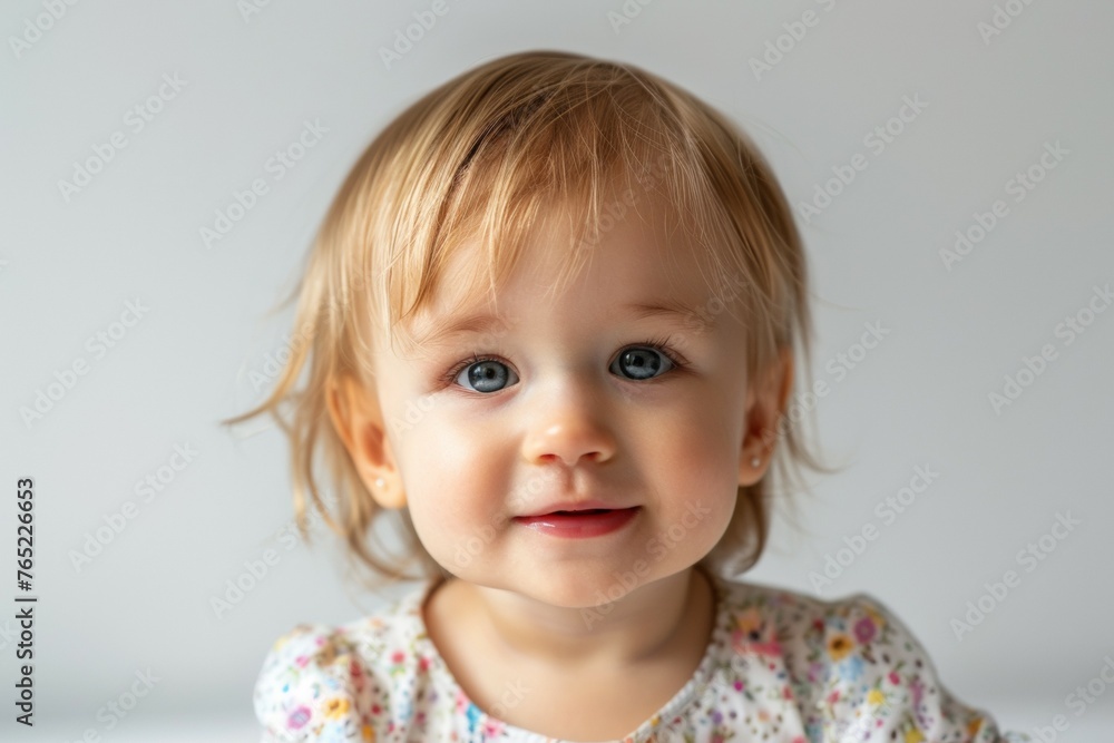 A baby girl with blonde hair and blue eyes is smiling A baby girl with blonde hair and blue eyes is smiling
