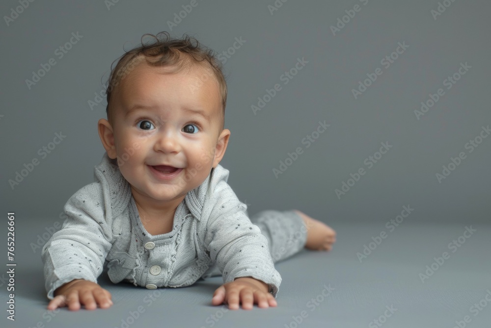 A baby is laying on the floor with a smile on its face A baby is laying on the floor with a smile on its face
