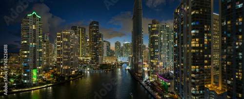 Night urban landscape of downtown district of Miami Brickell in Florida  USA. Skyline with brightly illuminated high skyscraper buildings in modern american megapolis