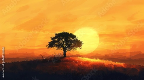 Serene landscape with a lone tree silhouetted against a golden sunset  digital painting