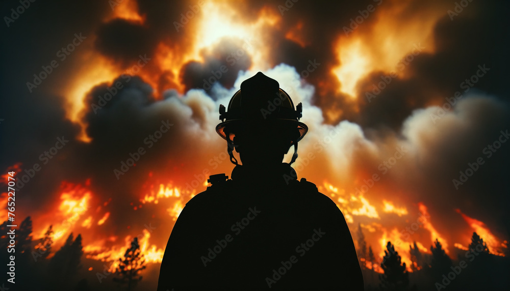 Close-up of a firefighters silhouette against the backdrop of raging wildfire and smoke, showcasing the intense conditions faced by emergency responders - obrazy, fototapety, plakaty 