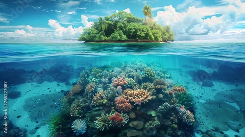 Split view of tropical island and coral reef, vibrant digital illustration