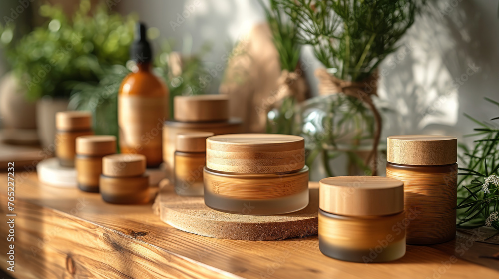 Chic Wooden-Capped Cosmetic Containers On Rustic Backdrop
