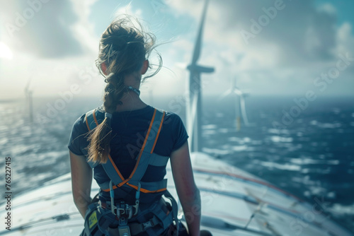 Woman on a boat overlooking wind turbines at sea photo