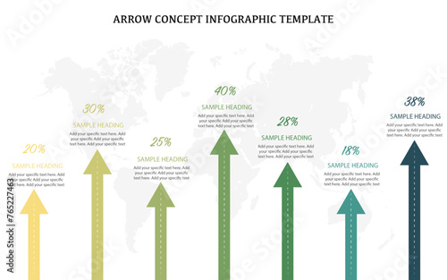 Up arrow direction infographic template design, arrow style infographic with wold map