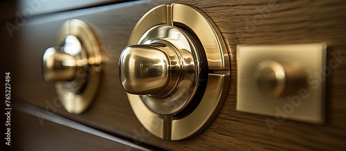 A detailed view focusing on the door handle mounted on a wooden door