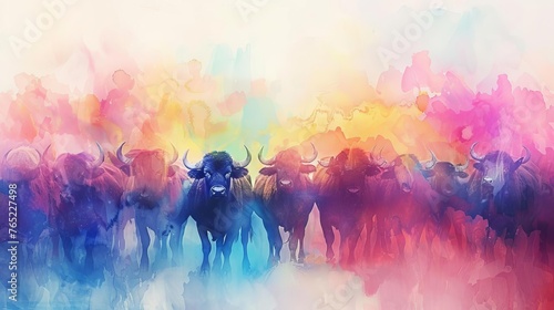 Watercolor Buffalo Herd on Abstract Background, Generative AI Art, Colorful Painting