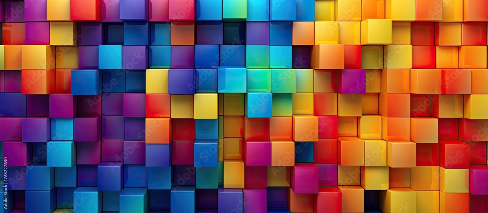 A vibrant display of colorfulness, with a pattern of colorful squares in varying tints and shades on a black textile background, creating a symmetrical and artistic composition A vibrant display of colorfulness, with a pattern of colorful squares in varying tints and shades on a black textile background, creating a symmetrical and artistic composition