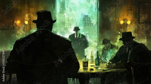 A shadowy mafia meeting in an old, dimly lit room, digital painting of gangsters plotting their next move in the city's underworld photo
