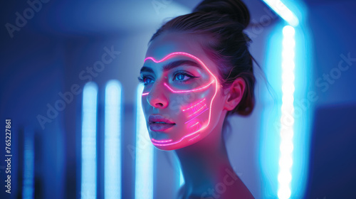 young woman with tapes on her face, beauty salon, facelift, laser, beautiful girl, portrait, cosmetology, people, person, emotional, makeup, fashion, youth, skin care © Julia Zarubina