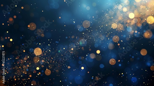 Abstract background with dark blue and gold particles, Christmas golden light shine bokeh on navy blue, gold foil texture, holiday concept illustration
