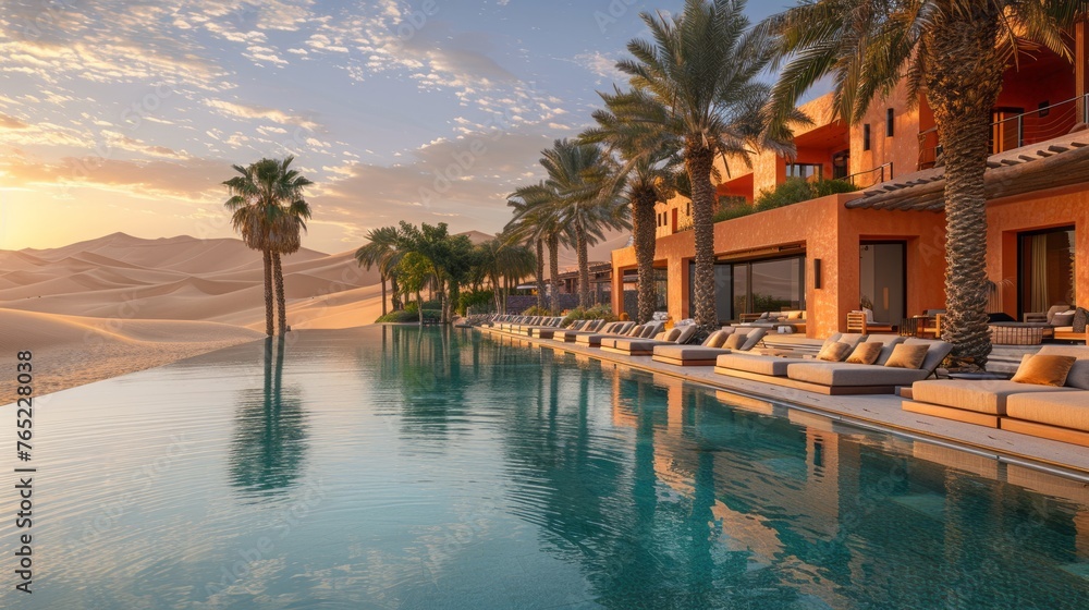 Water surrounded by palm trees and building, perfect for leisure and travel
