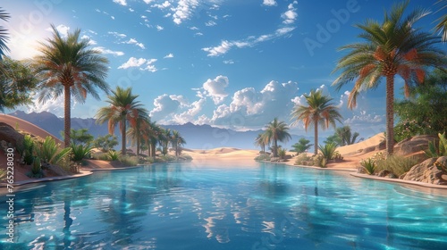 A palm treelined swimming pool oasis in the desert under a clear blue sky