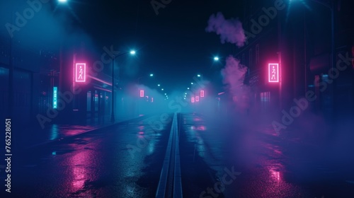 Urban nocturnal ambiance: dark street illuminated by neon lights, spotlights, and drifting smoke
