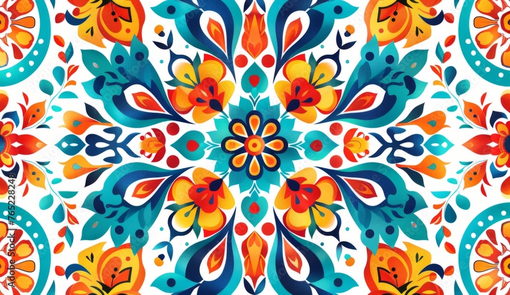 pattern with bold, colorful shapes and patterns in the style of folk art feature intricate details in bright colors creating a lively atmosphere Generative AI