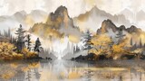 Chinese Style Landscape Painting with Ink and Golden Texture, Mood Artwork for Wallpaper and Decor