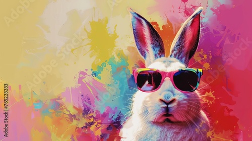 Cool bunny wearing sunglasses on colorful abstract background
