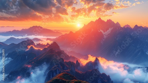Sun setting over mountains, sun rays piercing through clouds in the sky