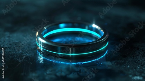 Futuristic Smart Ring Emanating a Mesmerizing Glow on Dark Surface, Digital Illustration